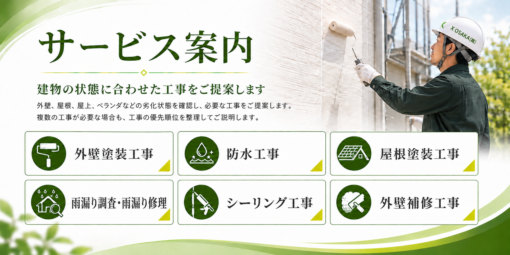 ■サービス案内 建物の状態に合わせた工事をご提案します 外壁、屋根、屋上、ベランダなどの劣化状態を確認し、必要な工事をご提案します。 複数の工事が必要な場合も、工事の優先順位を整理してご説明します。 ●外壁塗装工事 ●防水工事 ●屋根塗装工事 ●雨漏り調査・雨漏り修理 ●シーリング工事 ●外壁補修工事